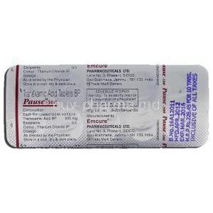 Pause-500, Generic  Cyklokapron, Tranexamic Acid, 500 mg, Strip description