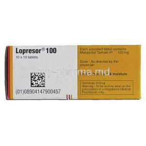 Lopresor 100, Generic Lopressor, Metoprolol Tartrate, 100 mg, Box description
