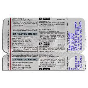 Carbatol CR-200, Generic Tegretol, Carbamazepine Extended Release, 200mg, Strip description