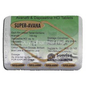 Super Avana, Avanafil, 100 mg, Dapoxetine, 60 mg, Strip description