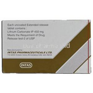 Intalith CR-450, Generic Eskalith, Lithium Carbonate, 450 mg, Box description