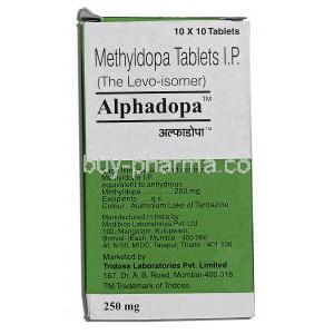 Alphadopa 250, Generic Aldomet, Methyldopa, 250mg, Box