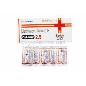 Generic  Zaroxolyn/ Mykrox, Metolazone Tablets IP, Zytanix 2.5mg Zydus CND, box front presentation with blister pack information