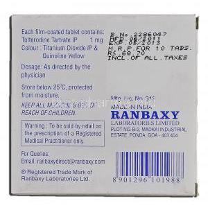 Roliten, Generic Detrol, Tolterodine Tartrate, 1mg, Box description