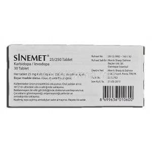 Sinemet, Levodopa 250mg, Carbidopa 25mg, Box description