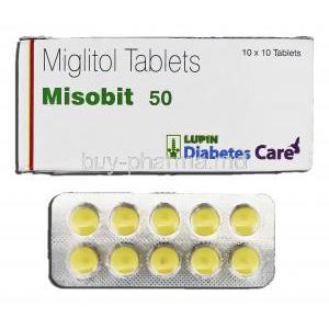 Misobit 50, Generic Glyset, Miglitol 50mg Tablet and Box