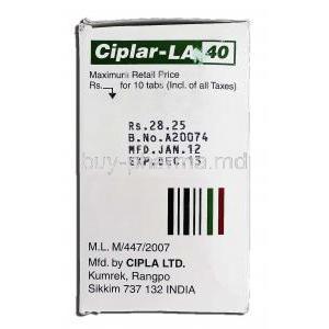 Ciplar-LA 40, Generic Inderal, Proparnolol Hydrochloride Long Acting 40mg, Cipla manufacturer
