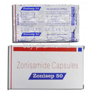 Zonisep 50, Generic Zonegran, Zonisamide 50mg, Box and Strip