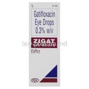 Zigat, Generic Zymar,  Gatifloxacin 0.3% W/v Eye Drop Box