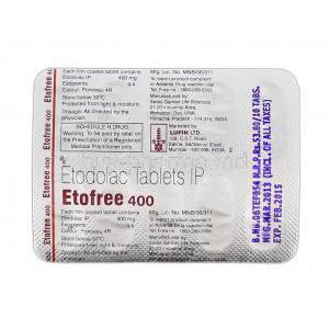 Etofree, Generic Lodine, Etodolac, 400 mg, Strip Description