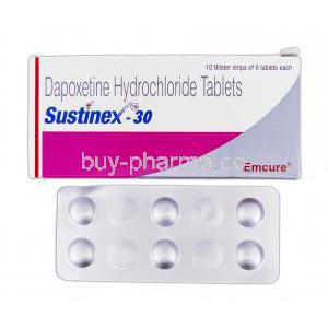 Sustinex-30, Generic Priligy, Dapoxetine HCL, 30 mg, Box and Strip
