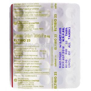 Eltibio, Generic Synthroid, Thyroxine Sodium 25mcg blister pack information