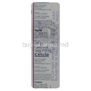 Cetcip, Generic  Zyrtec, Cetirizine 10mg Tablet Strip Information