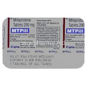 MTPill, Generic  Mifeprex,  Mifepristone 200mg Tablet (Cipla) Blister Pack Back