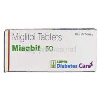 Misobit 50, Generic Glyset, Miglitol 50mg Box