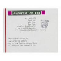 Angizem CD 180, Generic Cardizem XL, Diltiazem Hydrochloride 180mg Extended Release Box Sun Pharma Manufacturer