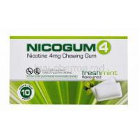 Nicotine Replacement Therapy Pastille/ Chewing Gum, Nicotine Polaorilex Gum USP 4mg, Nicogum4, Fresh mint flavoured, sugar free 10 pieces, Box front view