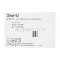 Generic Glucovance, Glibenclamide and Metformin hydrochloride tablets, Glinil-M, Cipla, 50x10 tablets, box side view, Mfd by Cipla Ltd