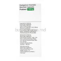 Pradaxa, Dabigatran Etexilate Mesilate 150mg Box side presentation, Imported, Marketed and Manufactured in India by Boehringer ingelheim, India Private Limited