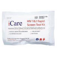 Icare HIV 1&2 Rapid Screen Test, whole blood/ serum/ plasma, packaging of test kit information front presentation