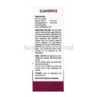 Canopas, Salicyclic Acid Ear Cleanser,Canopas, SAVA Vet, 0.2% 50ml, box back view, composition of each ml, directions for use, uses, strage instructions