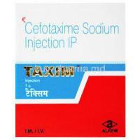 Generic Claforan, Cefotaxime Sodium Injection IP, Taxim, Alkem, Box front presentation