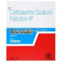 Generic Claforan, Cefotaxime Sodium Injection IP, Taxim, Alkem, Box presentation
