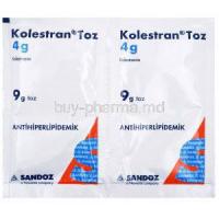 Kolestran, Cholestyramine ( Colestyramine /Kolestramin ) Sachets, Sachets front presentation, 4g, Sandoz a Novartis Company