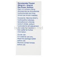 Dorzolamide/ Timolol Eyedrop , 20mg/ml, 5mg/ml, 5ml, Zentiva, Box side presentation with information