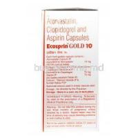 Ecosprin Gold,Aspirin 75 mg / Atorvastatin 10mg / Clopidogrel 75 mg, Capsule, Box information