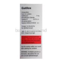 Gatilox, Gatifloxacin ophthalmic solution, 0.3% 5ml, box back presentation with information