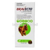Bravecto Chewable, Fluralaner 500mg,for Medium Dogs (10kg-20kg), 1tablet, MSD Animal Healthcare, Box front view