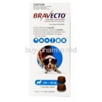Bravecto Chewable, Fluralaner 1000mg,for Large Dogs (20kg-40kg),2tablets, MSD Animal Healthcare,Box front view