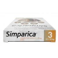 Simparica Chwable for Dogs(Orange), Sarolaner 10mg, For Small Dogs 5.1-10kg 20mg 3 Chewable tabs, copyZoetis, Box top view