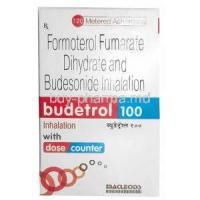 Budetrol 100 Inhaler, Formoterol 6mcg/ Budesonide 100mcg, 120MD Inhaler, Macleods Pharmaceuticals Ltd, Box front view