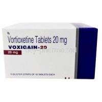 Voxigain-20, Vortioxetine 20mg, 100tablets, Torrent Pharmaceuticals Ltd, Box front view