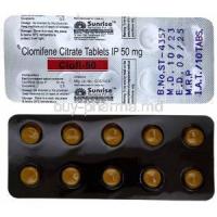 Clofi, Clomiphene 50mg, Sunrise Remedies, Blisterpack, front and back view