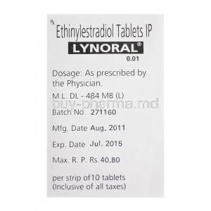 Lynoral, Ethinylestradiol 0.01mg Box Batch