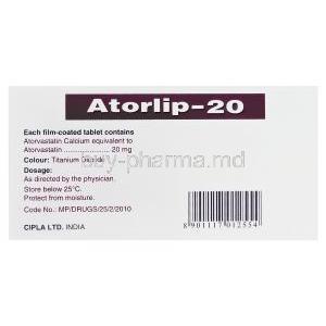 Atorlip-20, Generic Lipitor, Atorvastatin 20mg Box Information
