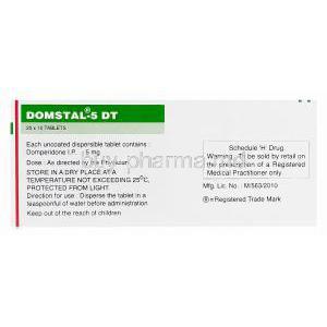 Domstal-5 DT, Generic Motilium, Domperidone 5mg Dispersible Tablet Box Information