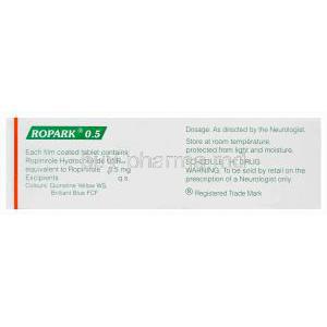 Ropark 0.5, Generic Requip, Ropinirole 0.5mg Box Composition