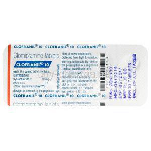 Clofranil 10, Generic Anafranil, Clomipramine Hydrochloride 10mg Tablet Strip Information