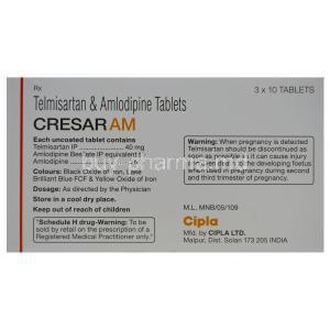 Cresar AM, Amlodipine 5mg and Telmisartan 40mg Box Information