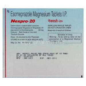 Nexpro-20, Generic Nexium, Esomeprazole 20mg Box Information