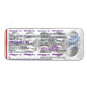 Ventab DXT, Generic Pristiq,  Desvenlafaxine 100mg Extended Release packaging information