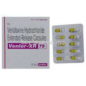 Venlor XR, Venlafaxine 75 mg capsule and box