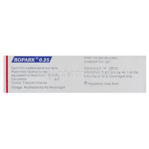 Ropark, Generic  Requip, Ropinirole 0.25 mg (Sun pharma) composition
