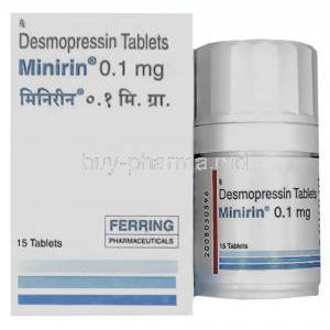 Minirin, Desmopressin 0.1 mg Tablet (Ferring Pharmaceuticals)  Box and bottle
