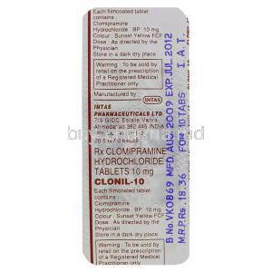 Clonil, Generic Anafranil, Clomipramine Hydrochloride 10 mg Tablet blister pack information