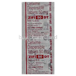 Zifi, Generic  Suprax, Cefixime  Dispersible 50 mg Tablet Intas packaging information